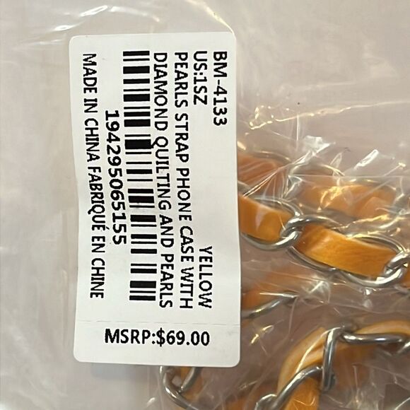 BADGLEY MISCHKA YELLOW PHONE CASE WITH DIAMOND QUILTING CROSSBODY & PEARL STRAP - Picture 6 of 6